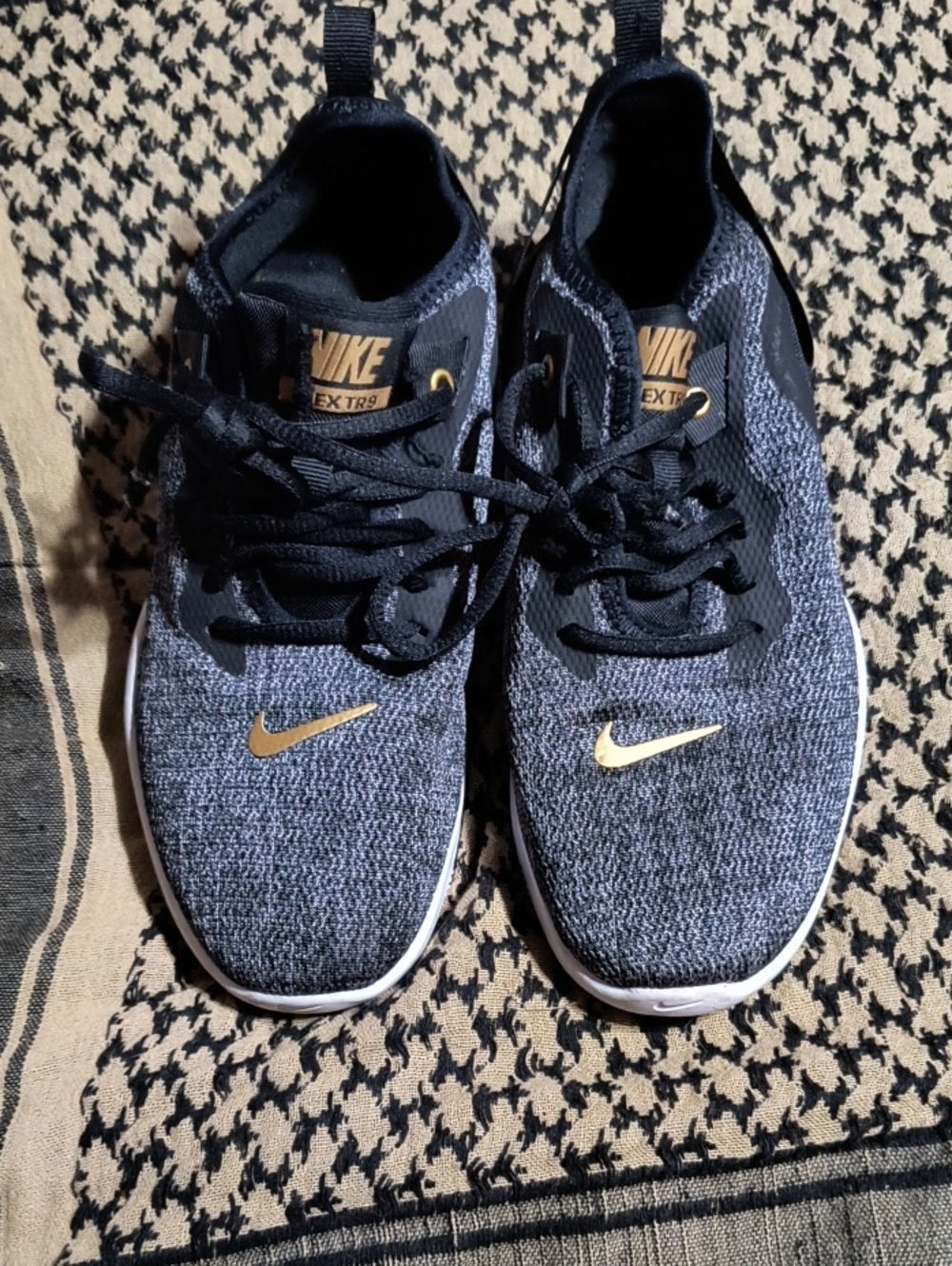 Nike Black and Gold Knit Running Sneakers